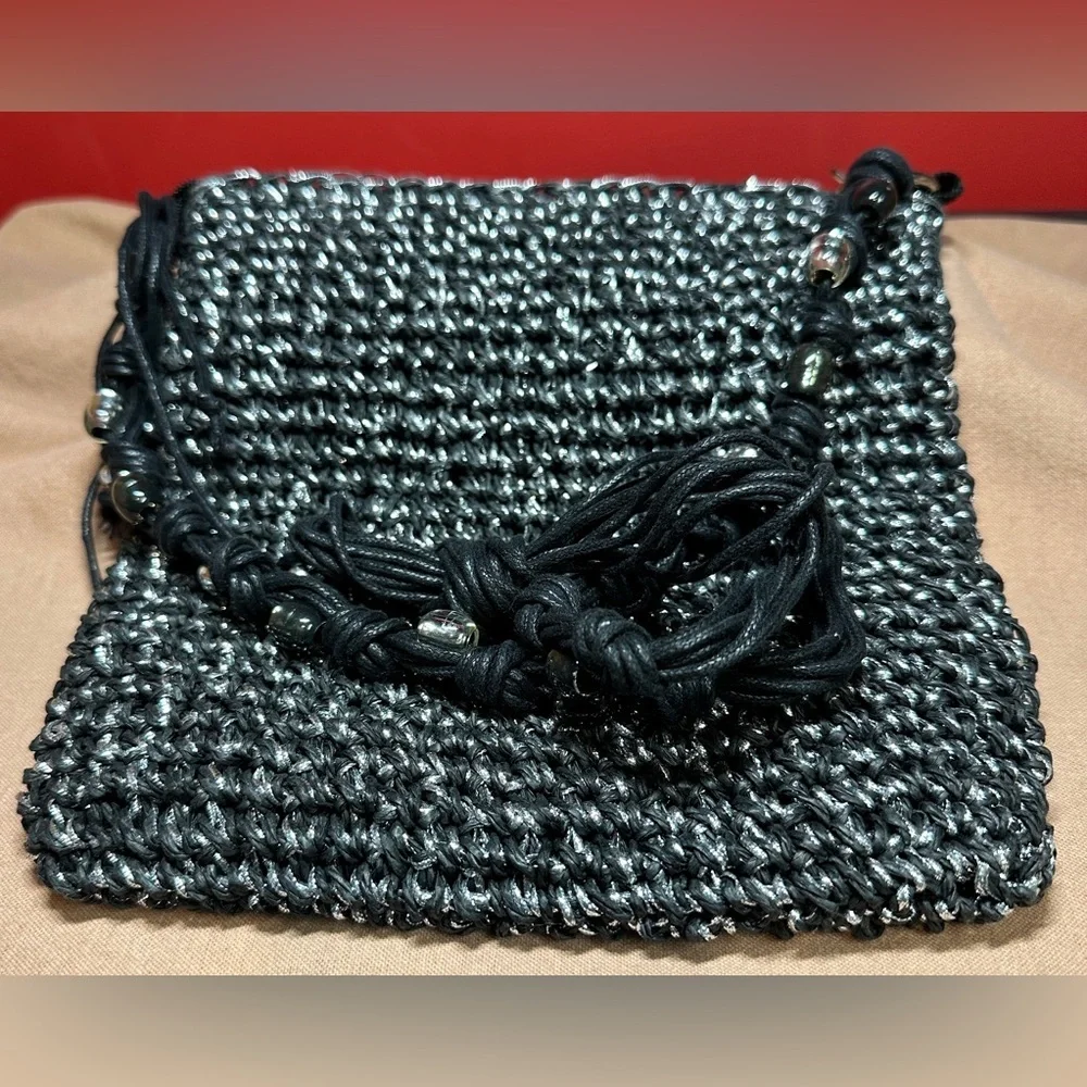 Sun’N’Sand Black Crochet/Woven Crossbody Bag with Metallic Silver Thread & Beads